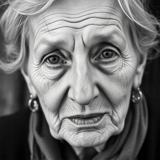 A black and white photograph of an elderly Italian woman with a weathered face, capturing the essence of Italian character