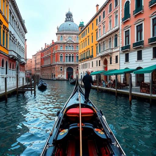 A gondola gliding through the picturesque canals of Venice, framed by historic buildings