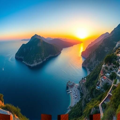 A panoramic view of the Amalfi Coast at sunset, showcasing the dramatic cliffs and turquoise waters
