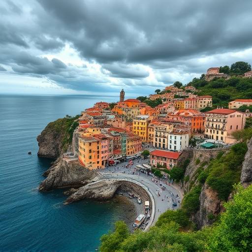A panoramic view of the Cinque Terre villages, nestled along the Ligurian coastline