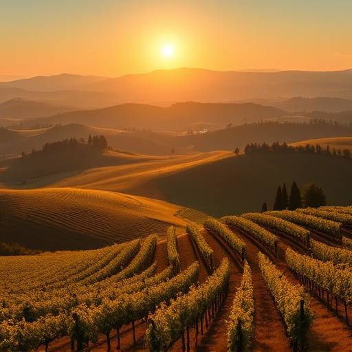 A panoramic view of the Tuscan countryside, featuring rolling hills, vineyards, and cypress trees under a golden sun.
