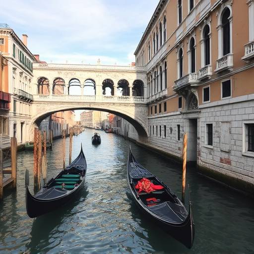 A picturesque view of the canals of Venice, with gondolas gently gliding under historic bridges.