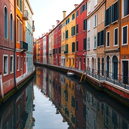 A quiet canal in Venice with colorful buildings reflecting in the water