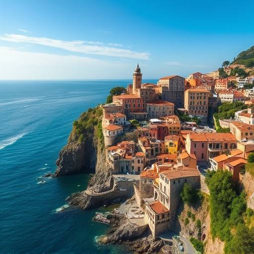 A stunning aerial view of the Cinque Terre villages, perched on the rugged coastline of the Italian Riviera.