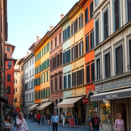 A vibrant street scene in Florence, Italy, showcasing colorful buildings and bustling activity