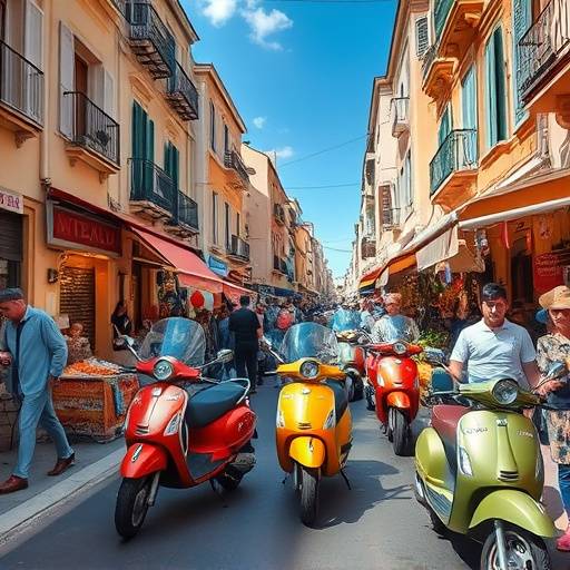 A vibrant street scene in Naples, capturing the energy of local life, with Vespas and bustling markets.