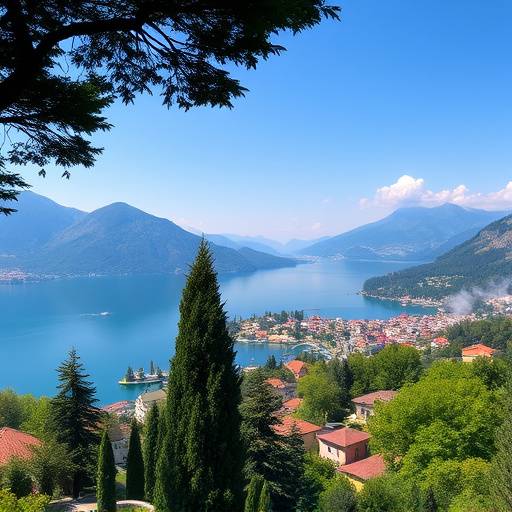 A view of Lake Como surrounded by mountains, showcasing the reflection of the beautiful villas on the water.