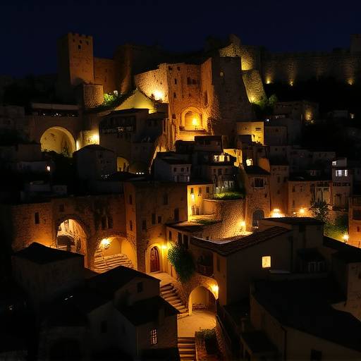 A view of Matera's Sassi district, ancient cave dwellings illuminated at night
