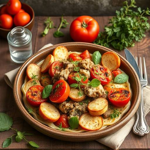 An artistic representation of traditional Tuscan cuisine, featuring fresh ingredients and rustic presentation