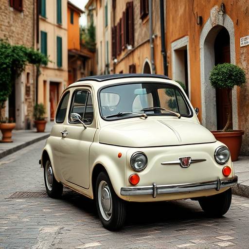 An old, rustic Fiat 500 parked on a narrow cobblestone street in a small Italian village.