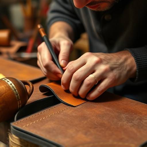 Close-up of a artisan crafting leather goods in Florence, showcasing traditional Italian craftsmanship.