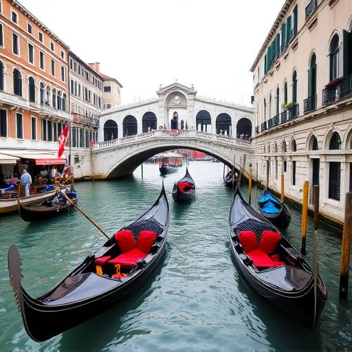 Gondolas on the Grand Canal in Venice, with the Rialto Bridge in the background