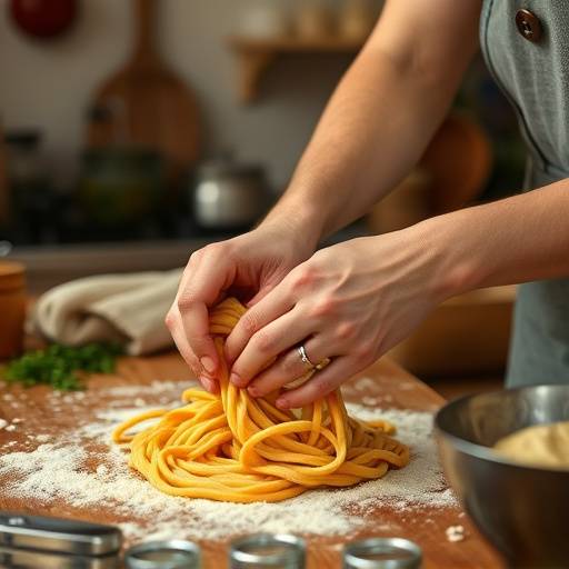 Hands kneading pasta dough in a Tuscan farmhouse kitchen
