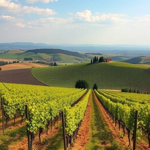 Panoramic view of a vineyard in the Chianti region of Tuscany