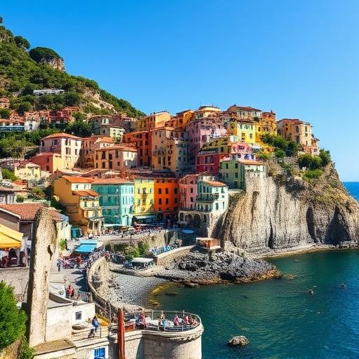 Panoramic view of the Cinque Terre coastline with vibrant colored houses.