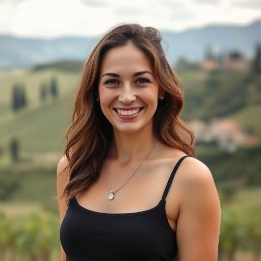 Portrait of Alessia Mancini, founder of Bella Italia Creativa, smiling warmly against a backdrop of the Tuscan countryside.