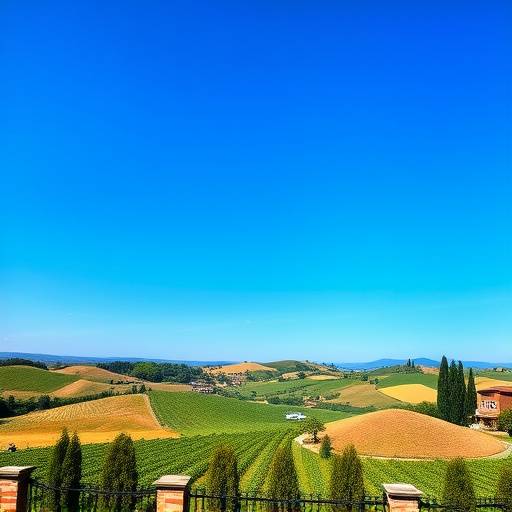 Rolling hills and vineyards in Tuscany, under a clear blue sky