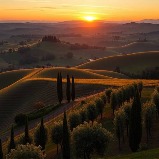 Rolling hills of Tuscany with vineyards and olive groves at sunset
