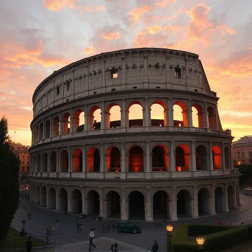 The Colosseum in Rome at sunset, showing its grandeur and history