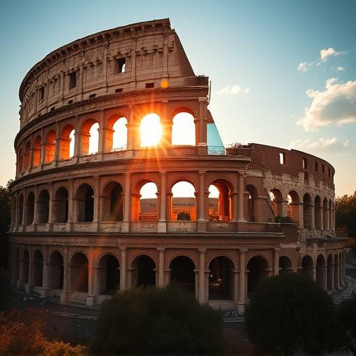 The Colosseum in Rome, bathed in golden sunlight