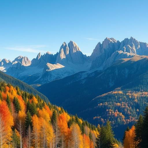 The Dolomites mountain range, displaying the majestic peaks and valleys of the Italian Alps during the autumn season.