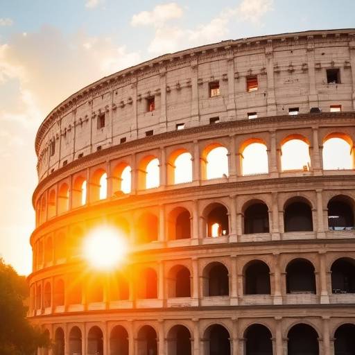The iconic Colosseum in Rome, bathed in the warm light of sunset, highlighting its ancient architecture.