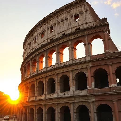 The iconic Colosseum in Rome, illuminated by the golden light of the setting sun