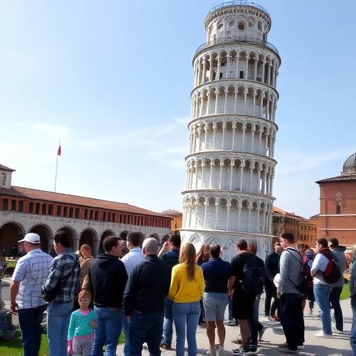 The Leaning Tower of Pisa, with tourists posing for pictures in front of the iconic landmark.