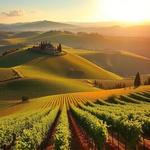 The rolling hills and vineyards of Tuscany, bathed in the warm glow of the Tuscan sun