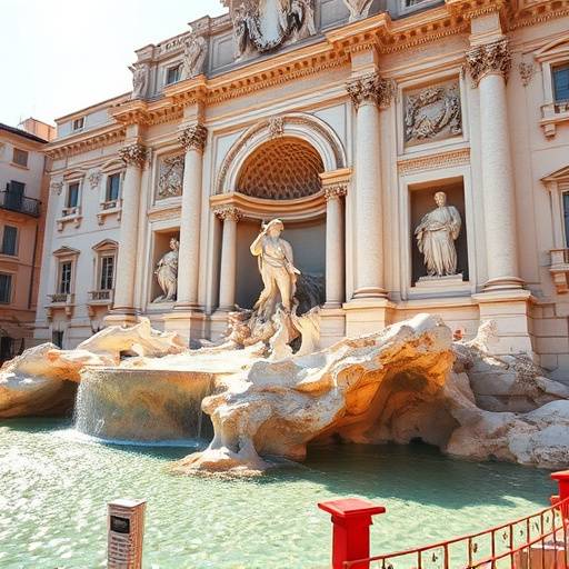 The Trevi Fountain in Rome, sparkling with coins tossed by visitors hoping to return to the Eternal City.